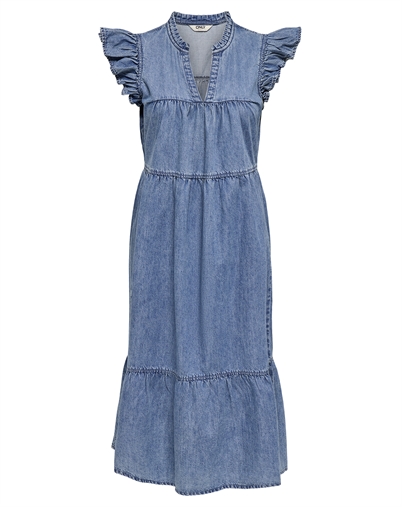 Only - ONLShania Frill Midi Denim Kjole - Medium Blue Denim